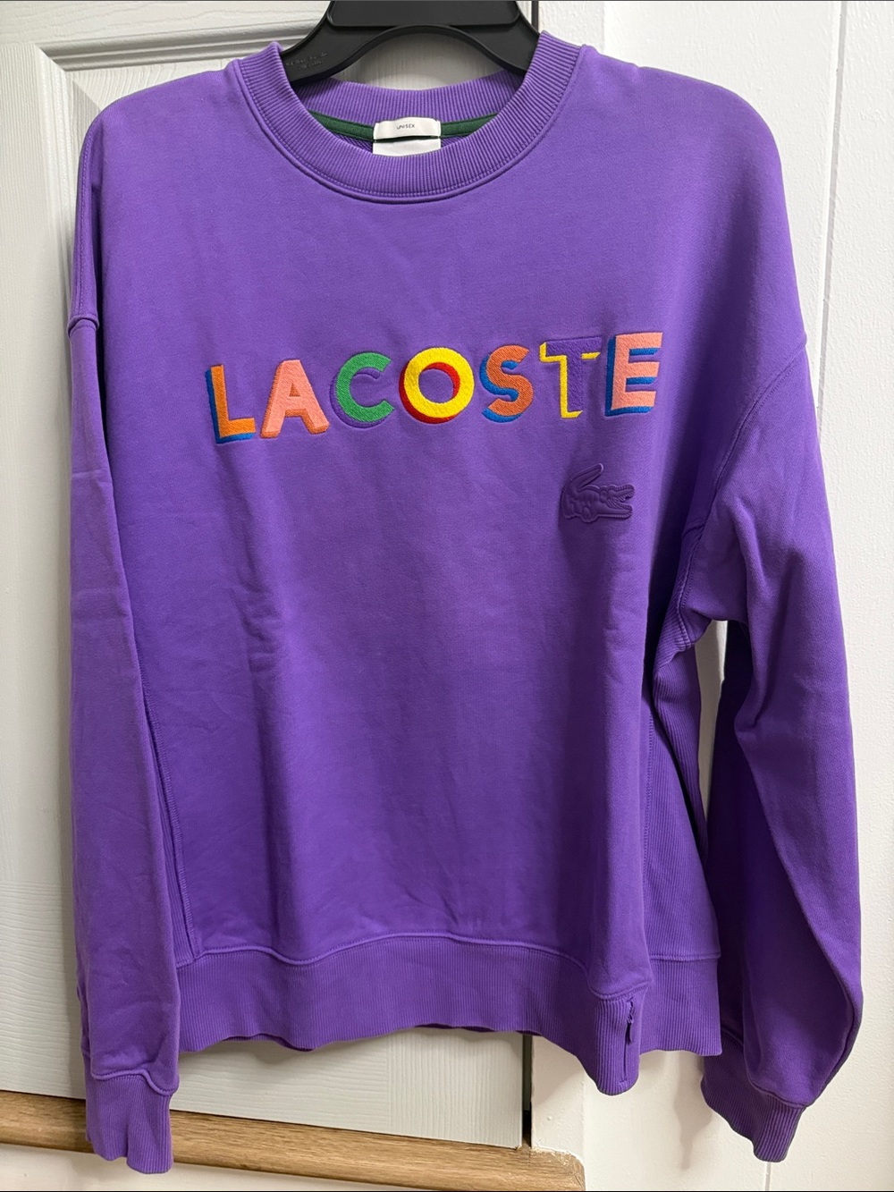 Lacoste Violet Crewneck Sweatshirt with Rainbow Embroidered Logo
